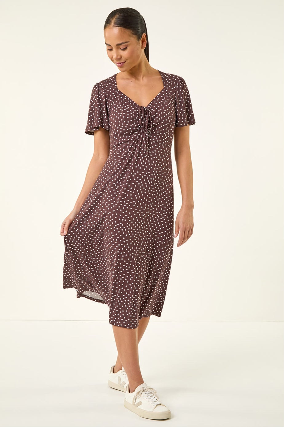 Roman Chocolate Petite Spot Drawstring Midi Dress