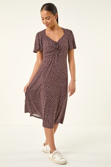 Roman Chocolate Petite Spot Drawstring Midi Dress