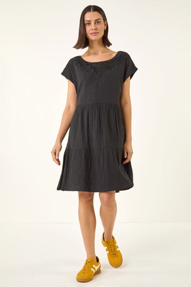 Roman Black Cotton Trim Detail Mini Dress