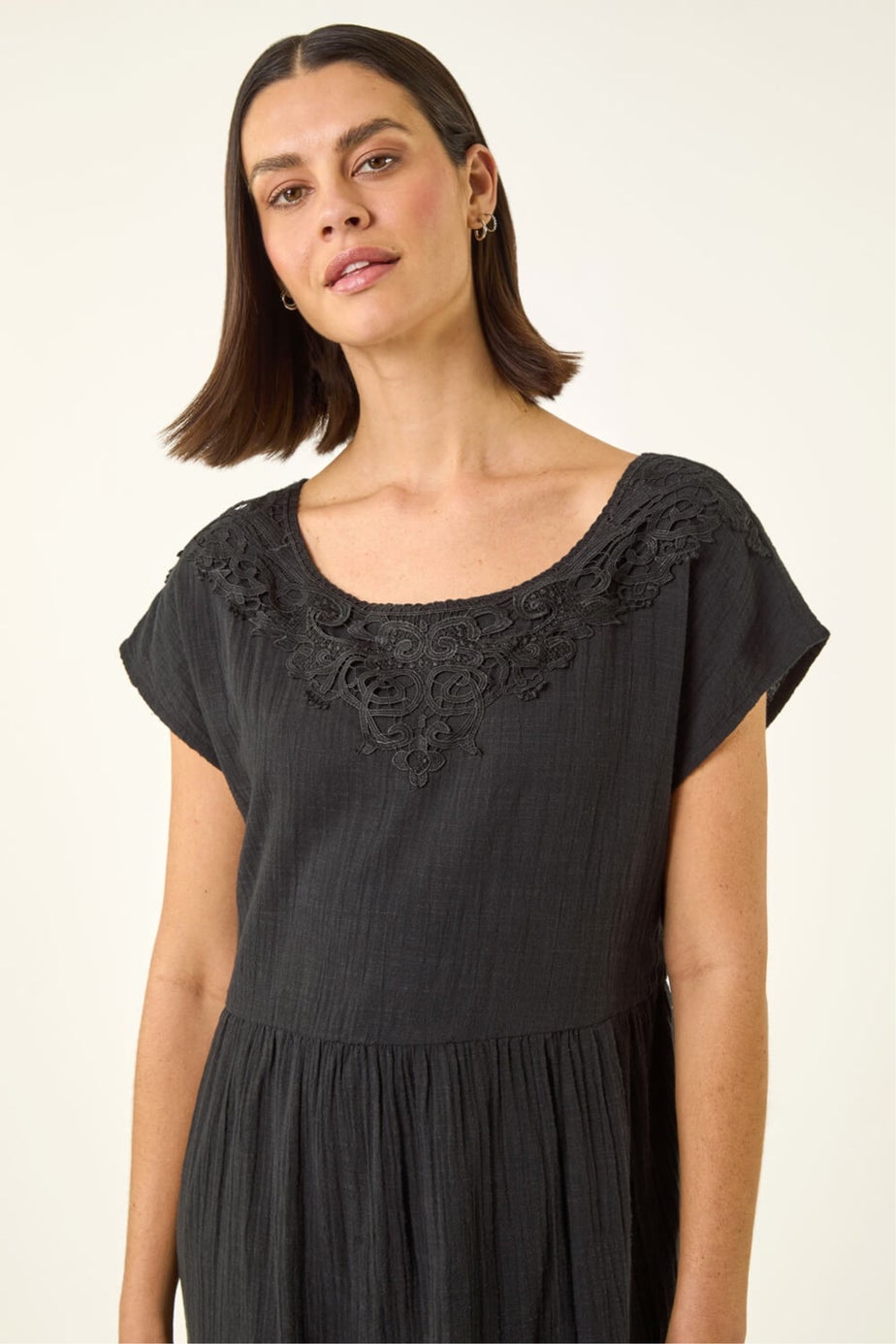 Roman Black Cotton Trim Detail Mini Dress