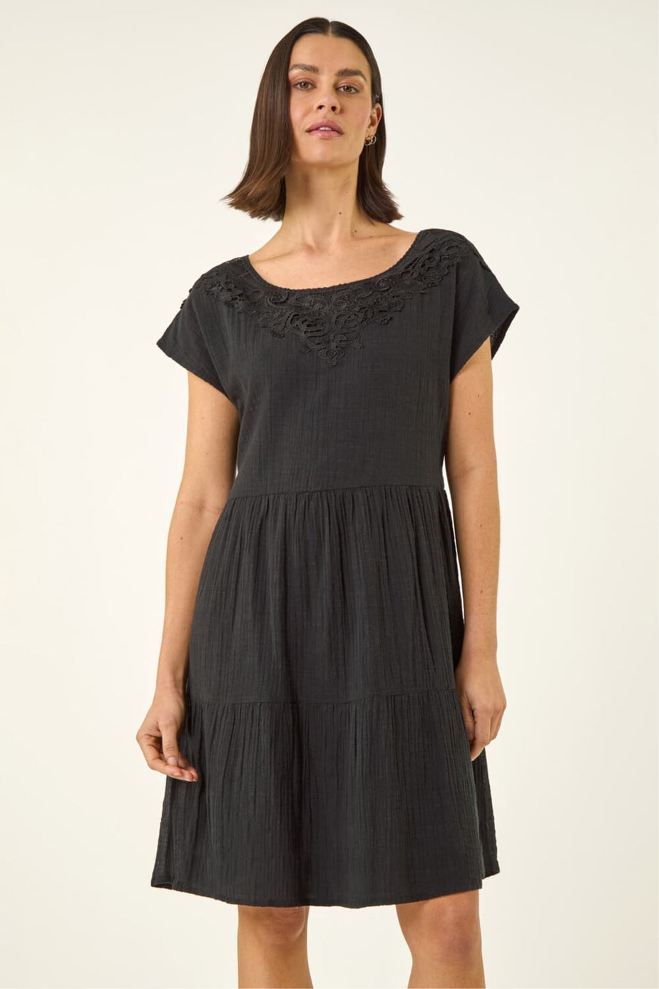 Roman Black Cotton Trim Detail Mini Dress