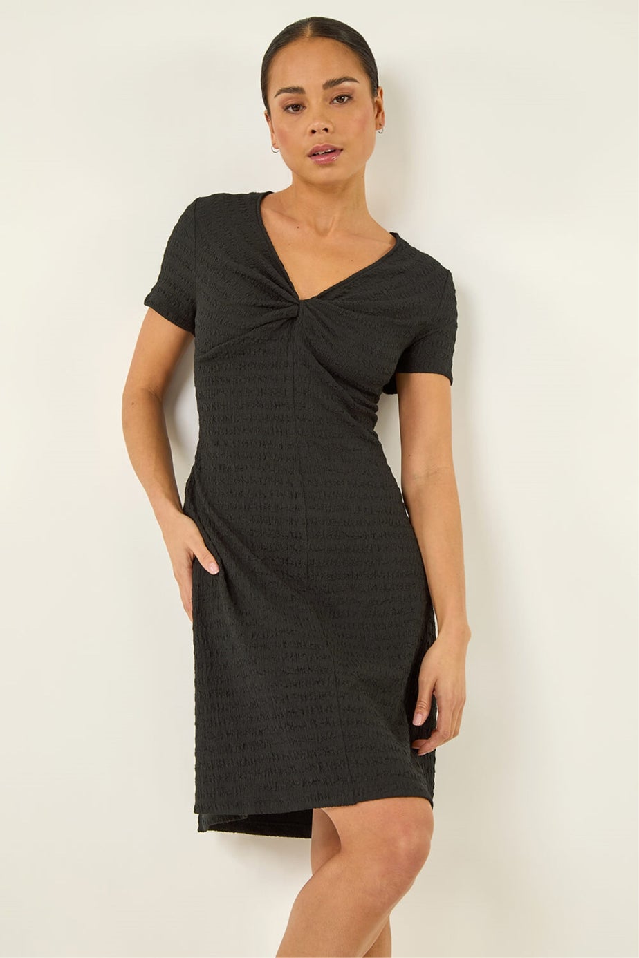 Roman Black Petite Textured Twist Front Dress