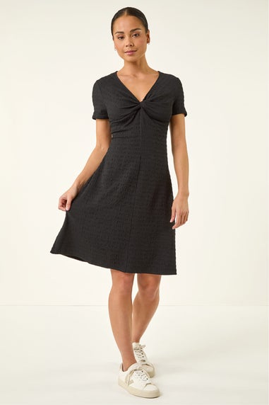Roman Black Petite Textured Twist Front Dress