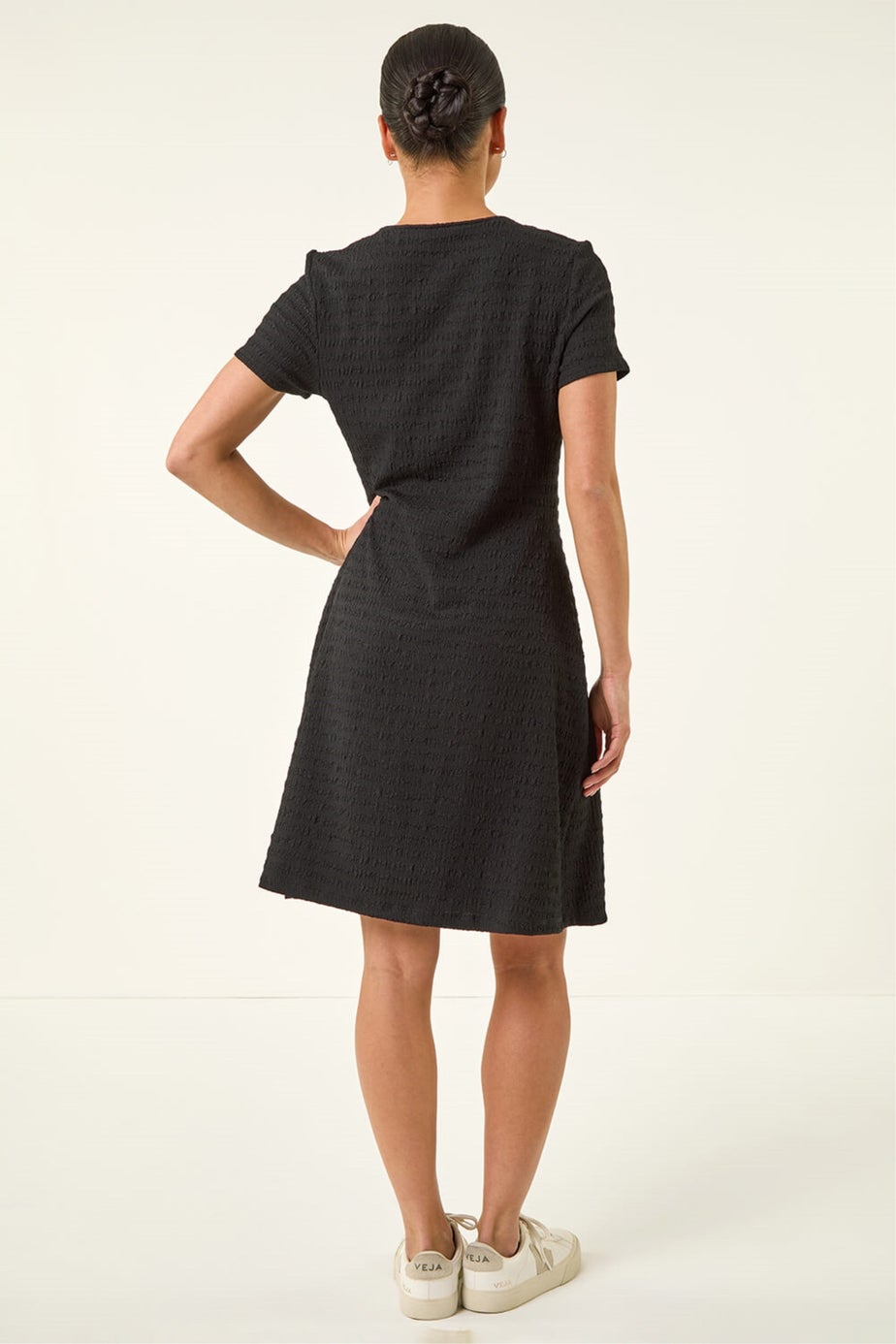 Roman Black Petite Textured Twist Front Dress