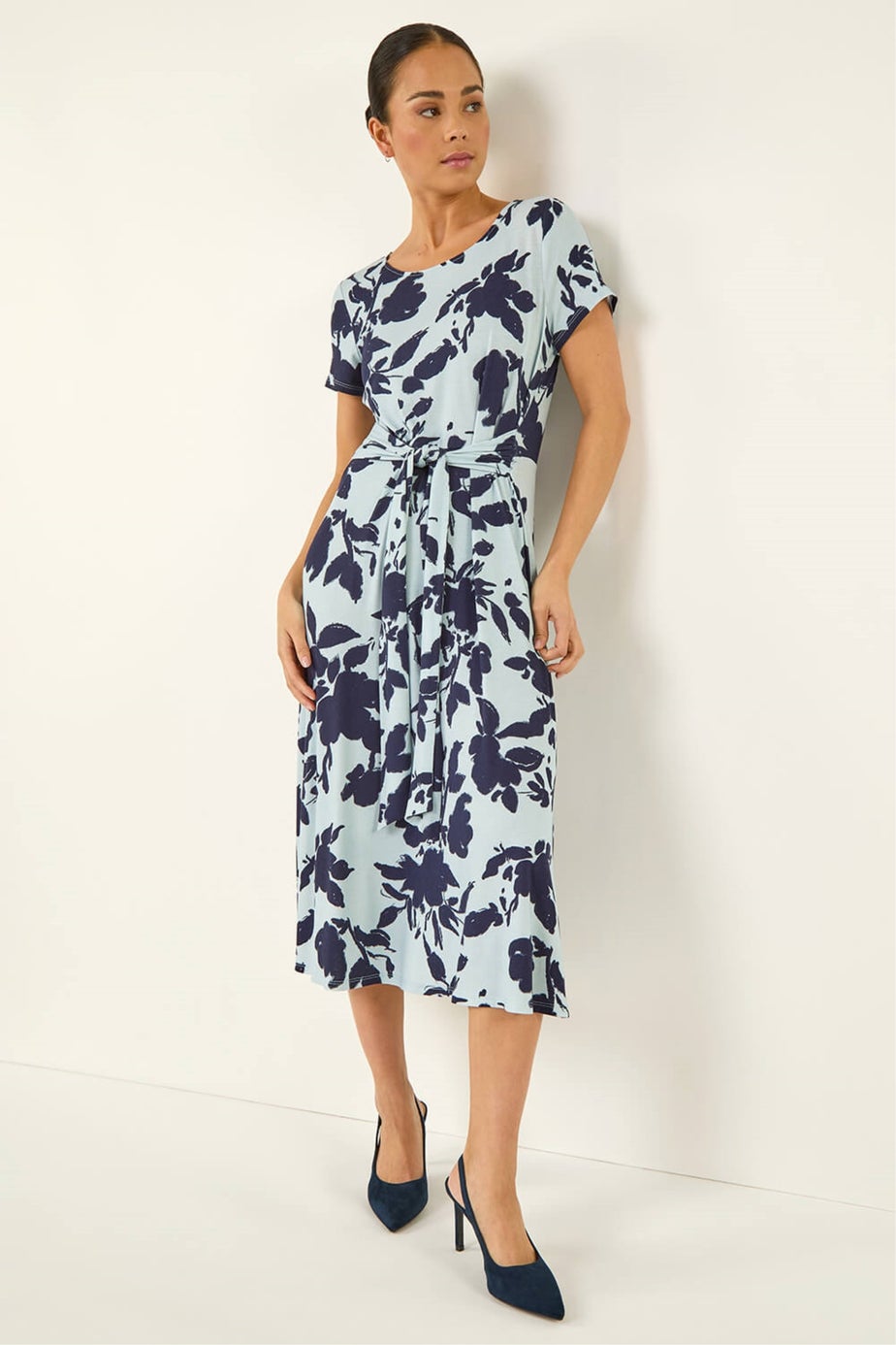 Roman Blue Petite Floral Tie Front Stretch Midi Dress
