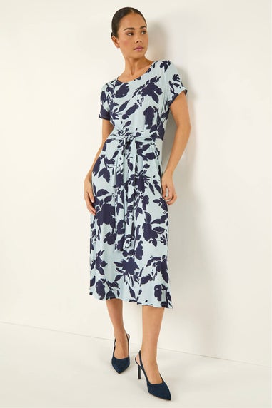 Roman Blue Petite Floral Tie Front Stretch Midi Dress