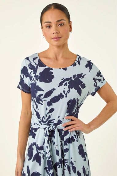 Roman Blue Petite Floral Tie Front Stretch Midi Dress