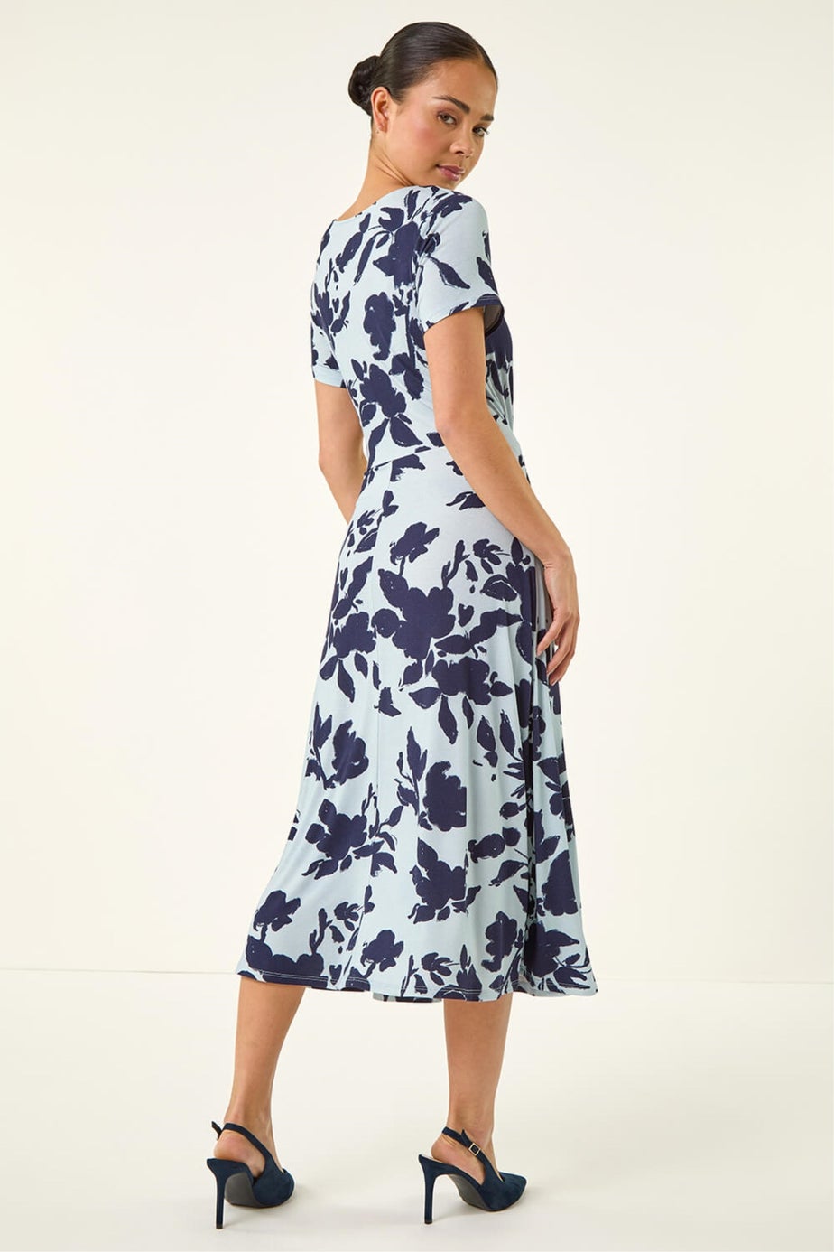 Roman Blue Petite Floral Tie Front Stretch Midi Dress