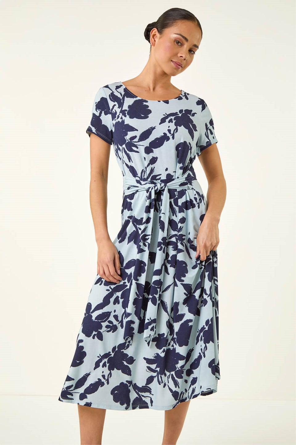 Roman Blue Petite Floral Tie Front Stretch Midi Dress