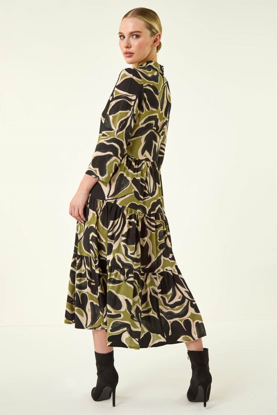 Roman Khaki Petite Tiered Midi Dress