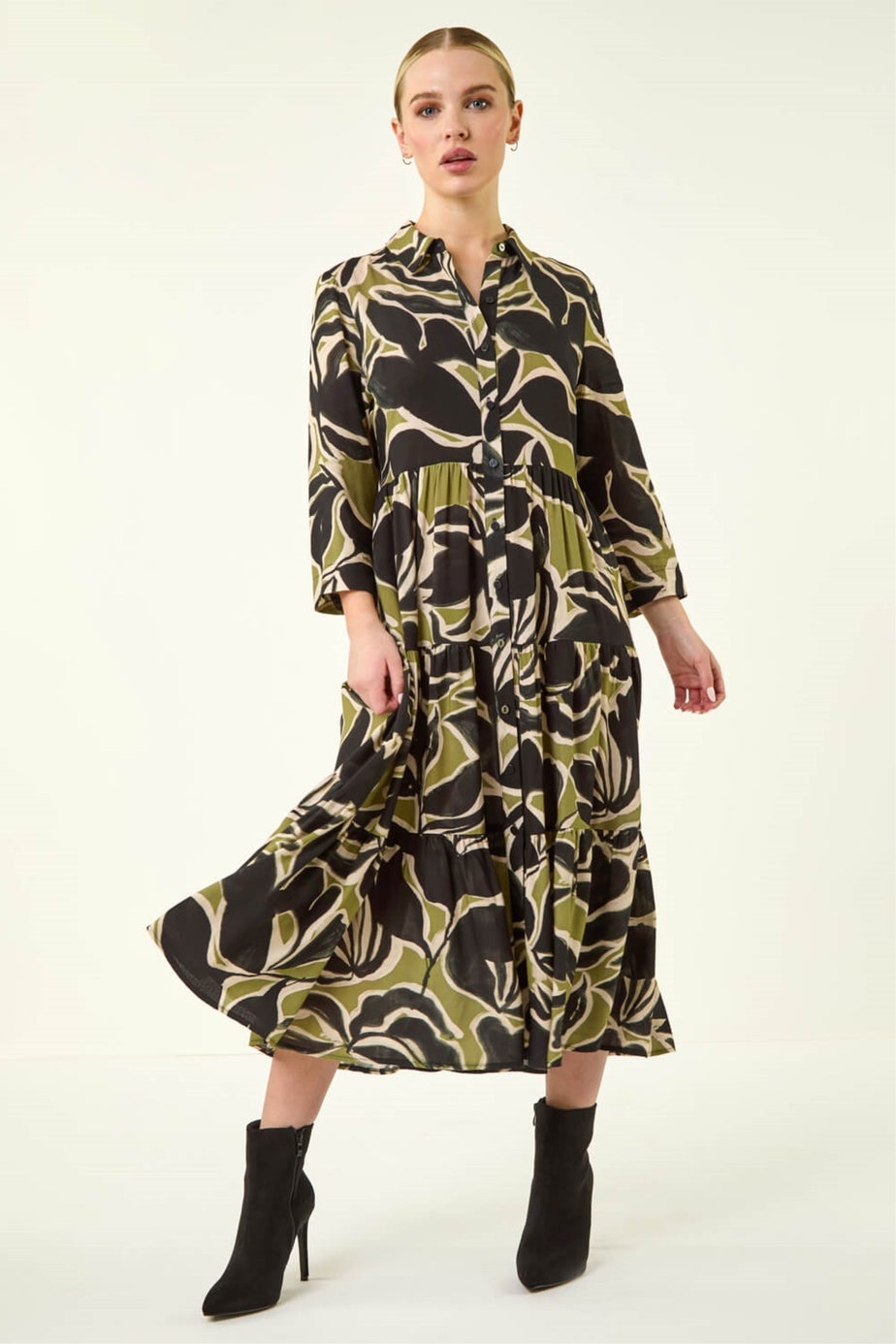 Roman Khaki Petite Tiered Midi Dress