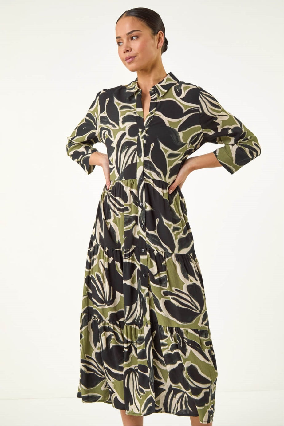 Roman Khaki Petite Tiered Midi Dress