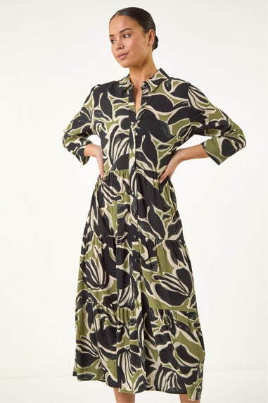 Roman Khaki Petite Tiered Midi Dress