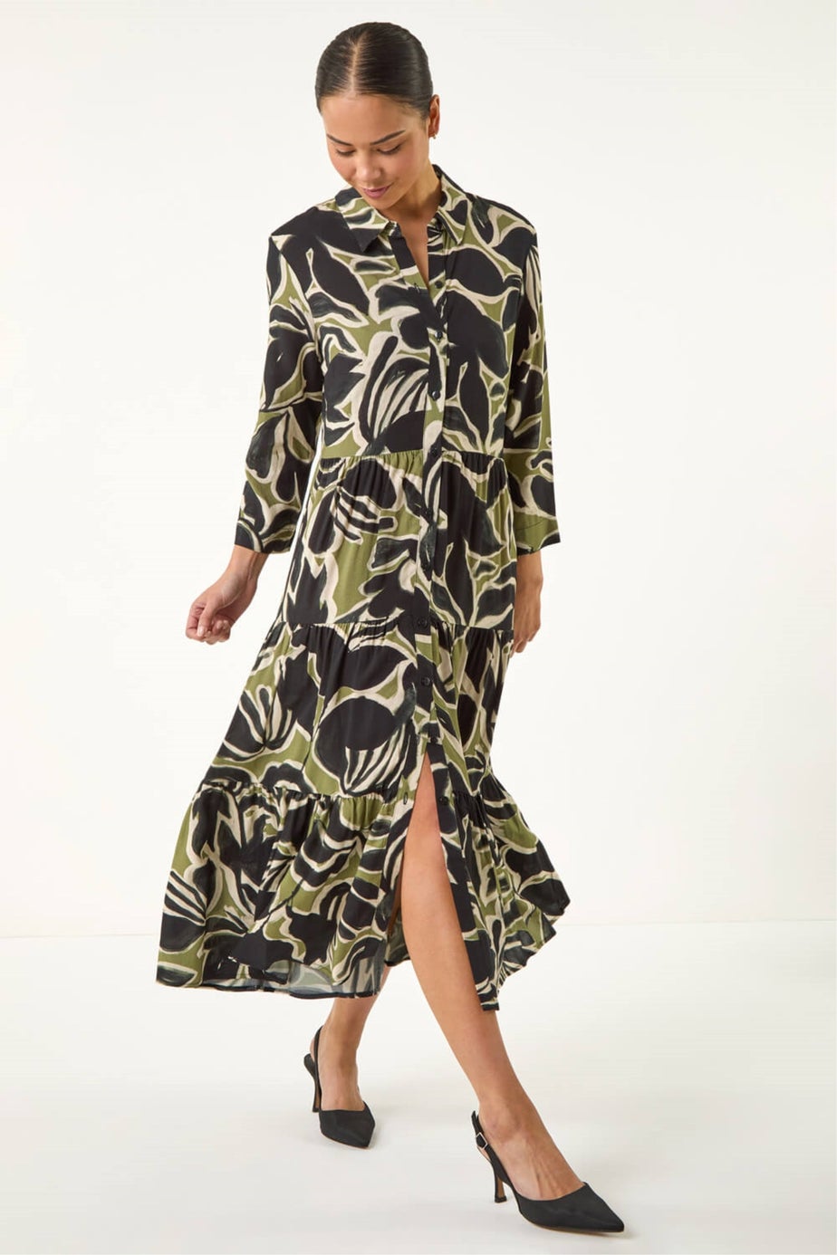 Roman Khaki Petite Tiered Midi Dress