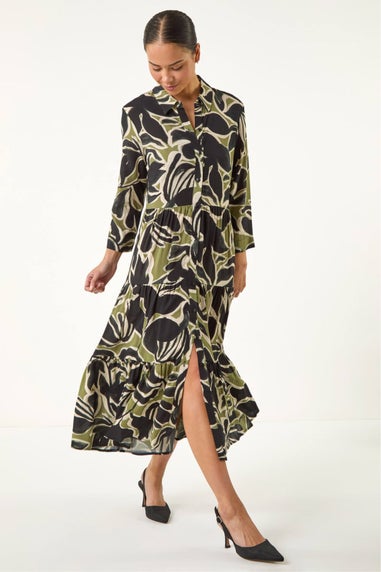 Roman Khaki Petite Tiered Midi Dress