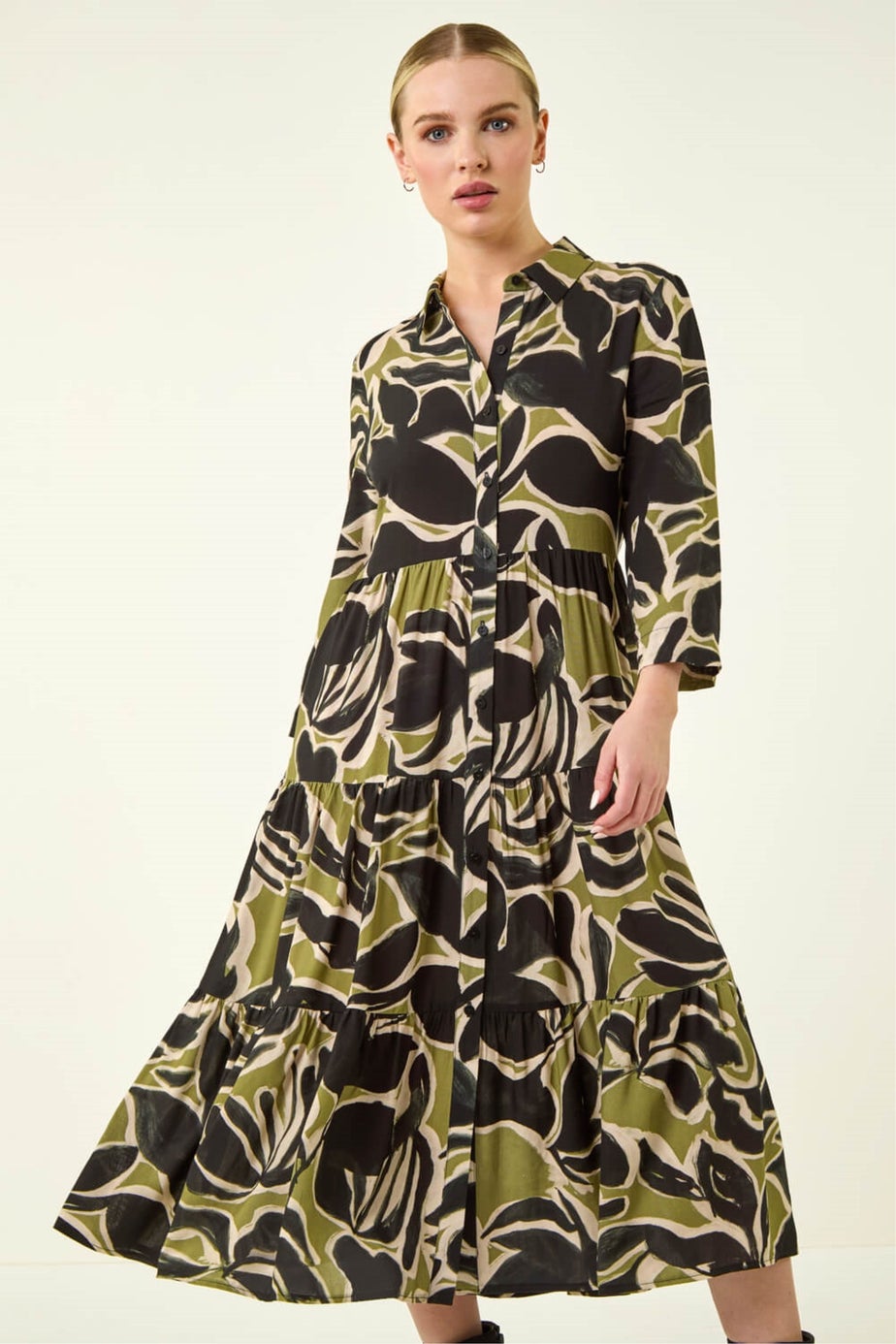 Roman Khaki Petite Tiered Midi Dress