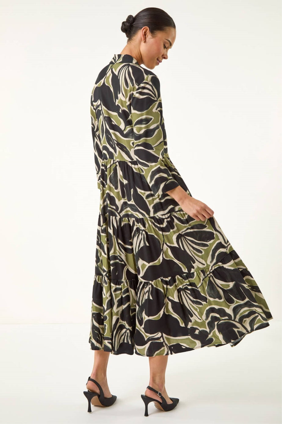 Roman Khaki Petite Tiered Midi Dress