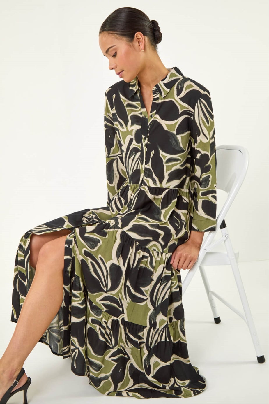 Roman Khaki Petite Tiered Midi Dress