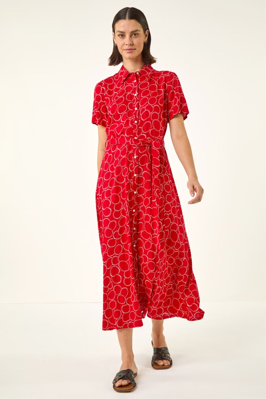 Roman Red Geo Print Belted Shirt Dress