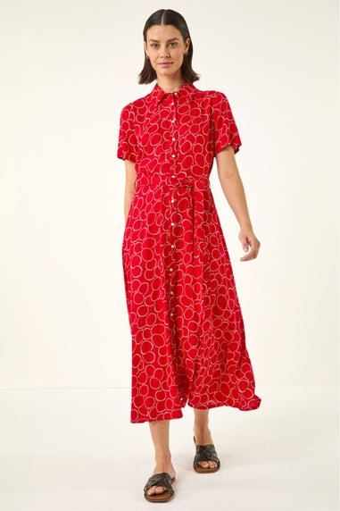 Roman Red Geo Print Belted Shirt Dress