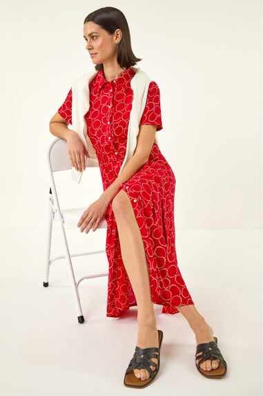 Roman Red Geo Print Belted Shirt Dress