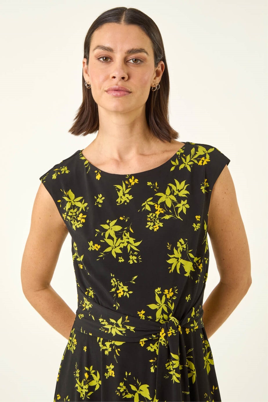 Roman Green Floral Tie Waist Hanky Hem Dress