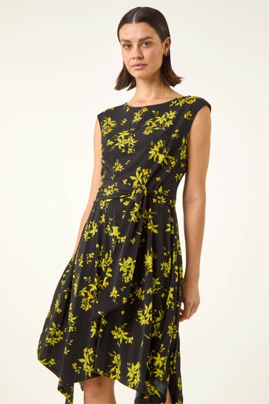 Roman Green Floral Tie Waist Hanky Hem Dress