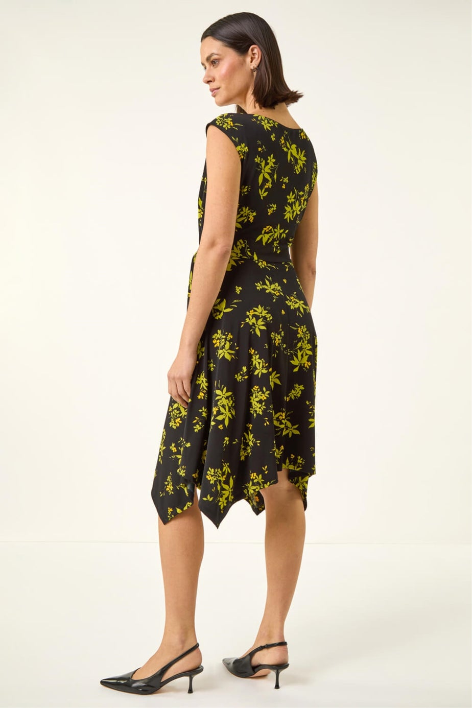 Roman Green Floral Tie Waist Hanky Hem Dress