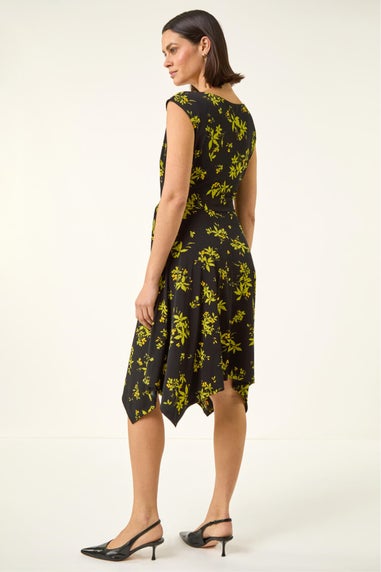 Roman Green Floral Tie Waist Hanky Hem Dress