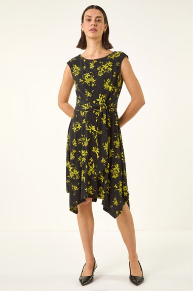 Roman Green Floral Tie Waist Hanky Hem Dress