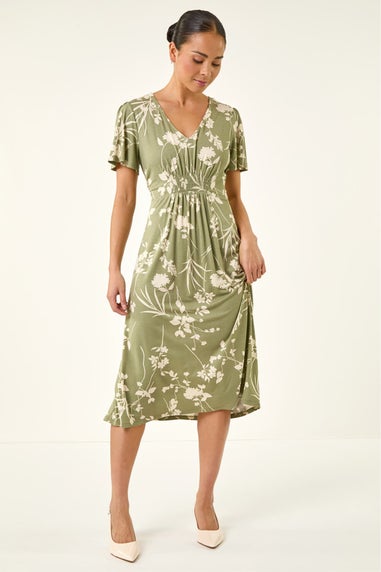 Roman Khaki Petite Floral Shirred Waist Dress