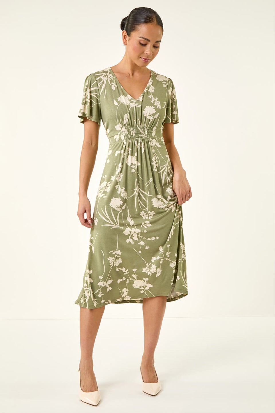 Roman Khaki Petite Floral Shirred Waist Dress