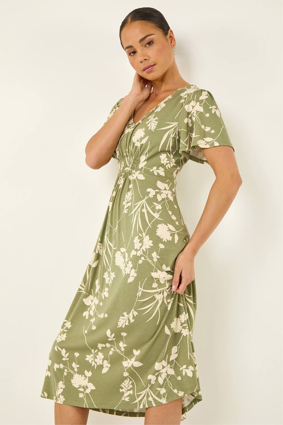 Roman Khaki Petite Floral Shirred Waist Dress