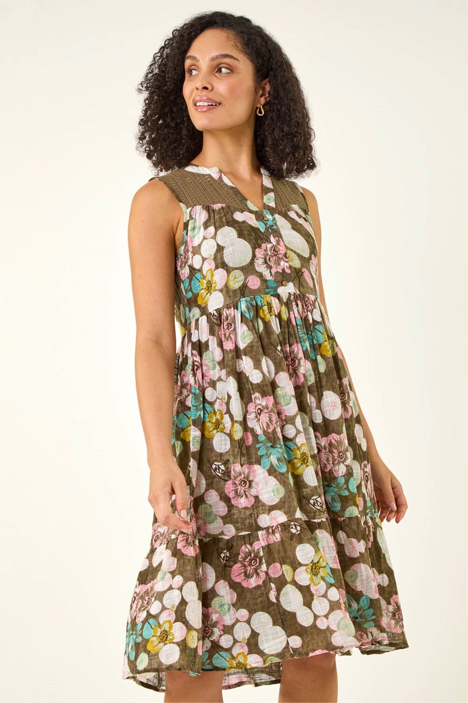 Roman Khaki Floral Lace Smock Dress