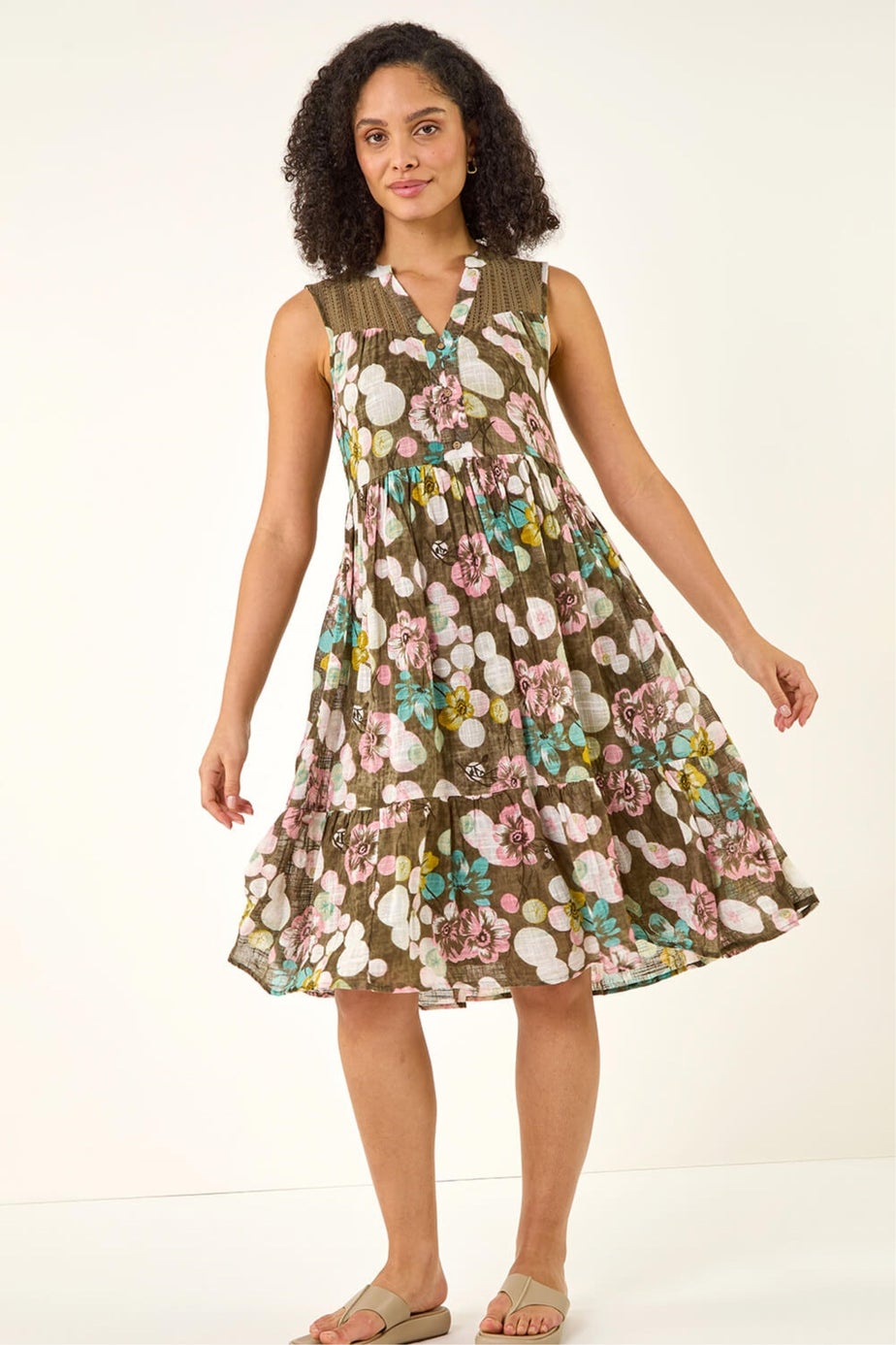 Roman Khaki Floral Lace Smock Dress