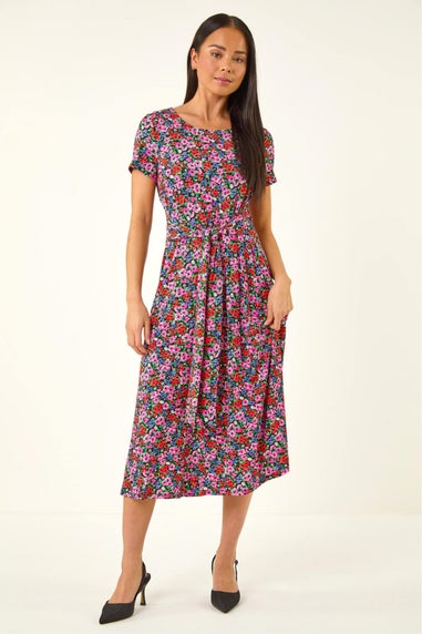 Roman Red Petite Floral Tie Front Stretch Midi Dress