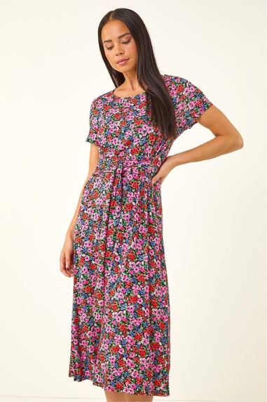 Roman Red Petite Floral Tie Front Stretch Midi Dress