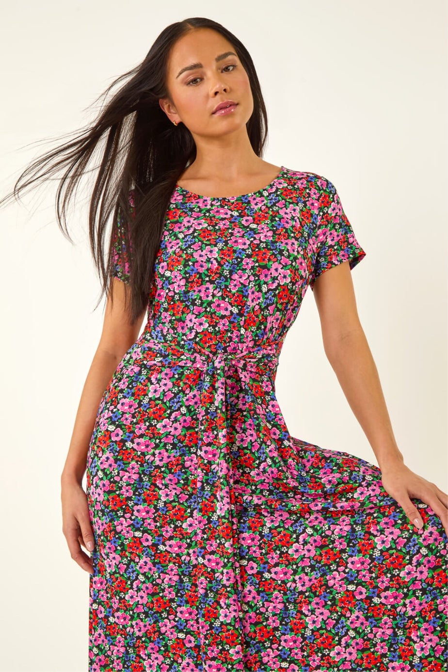 Roman Red Petite Floral Tie Front Stretch Midi Dress