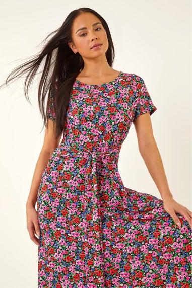 Roman Red Petite Floral Tie Front Stretch Midi Dress