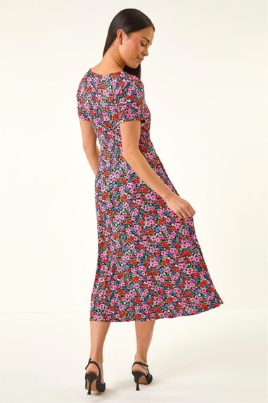 Roman Red Petite Floral Tie Front Stretch Midi Dress