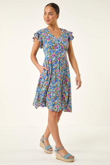 Roman Blue Petite Ditsy Floral Button Dress