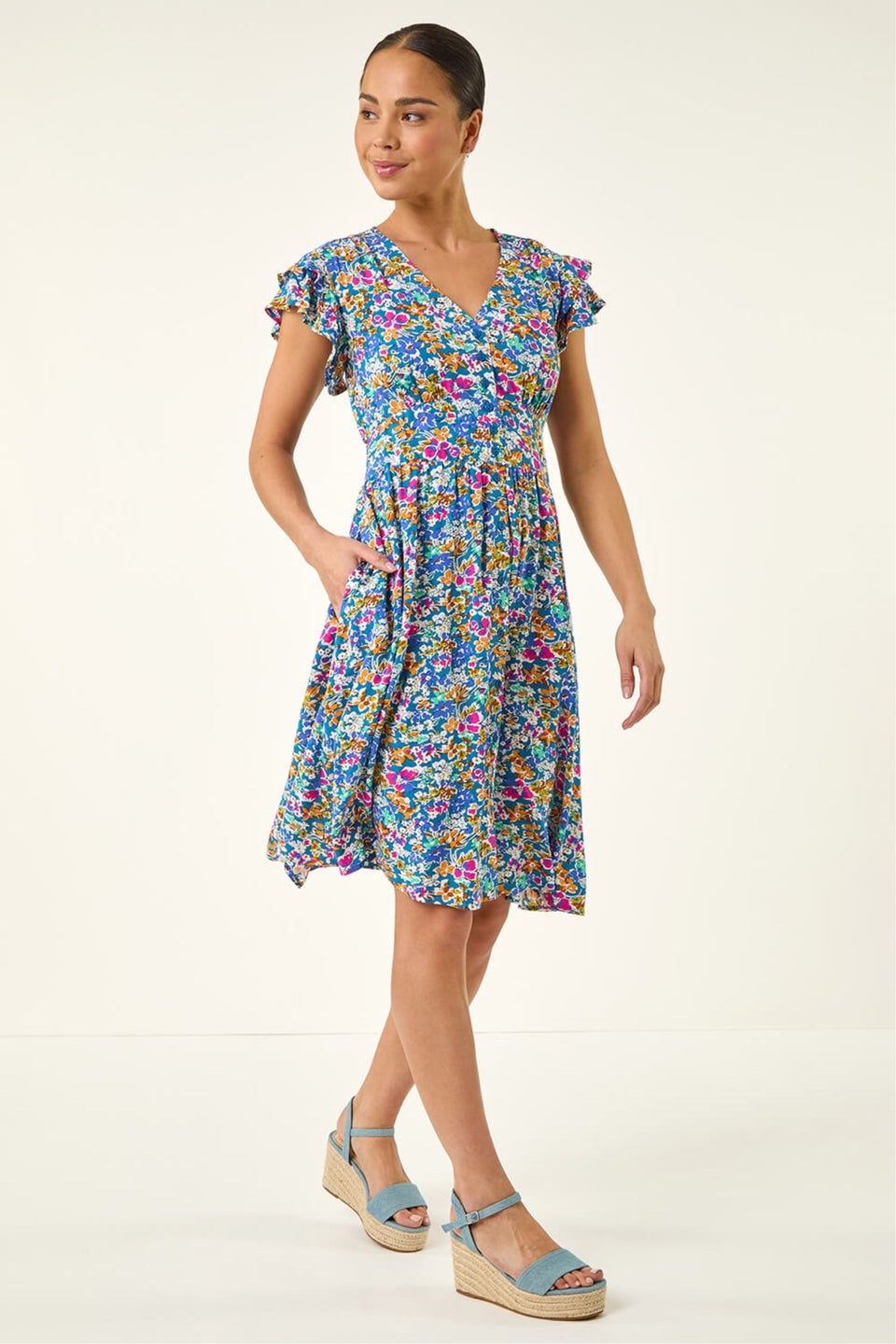 Roman Blue Petite Ditsy Floral Button Dress
