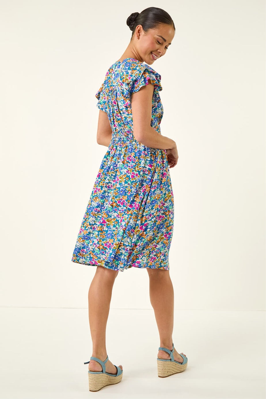 Roman Blue Petite Ditsy Floral Button Dress
