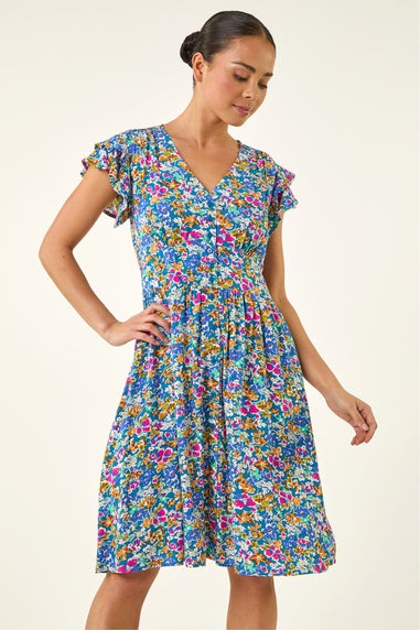 Roman Blue Petite Ditsy Floral Button Dress