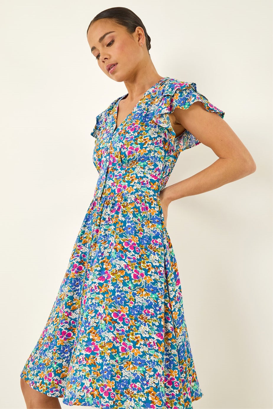 Roman Blue Petite Ditsy Floral Button Dress