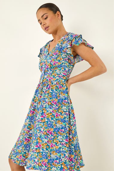 Roman Blue Petite Ditsy Floral Button Dress