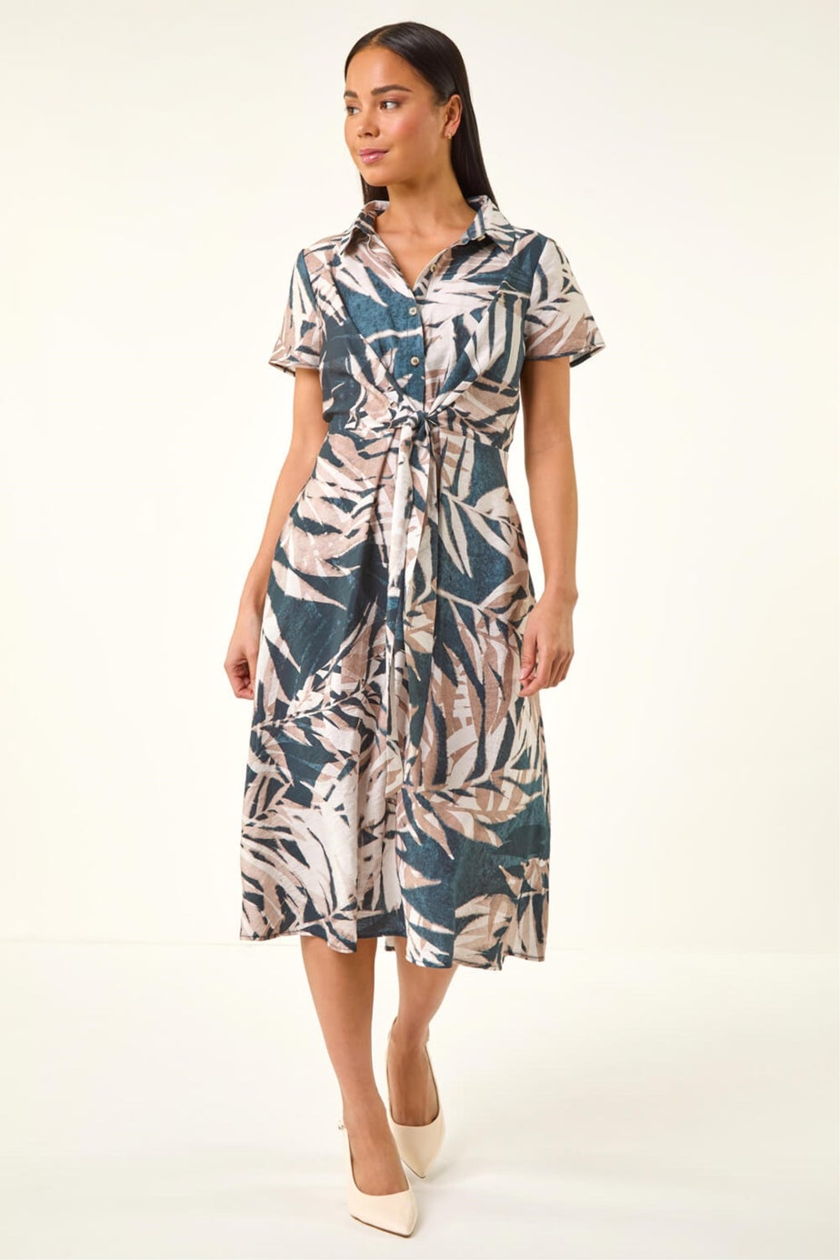 Roman Black Petite Leaf Print Tie Midi Dress