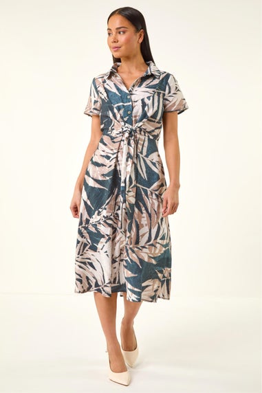 Roman Black Petite Leaf Print Tie Midi Dress