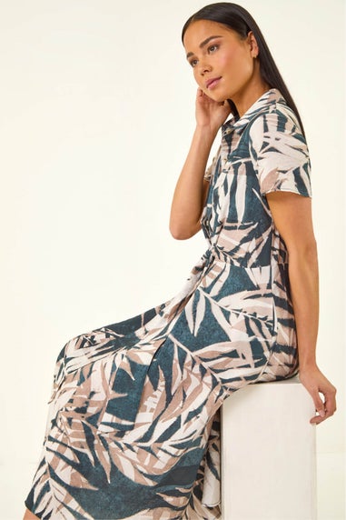 Roman Black Petite Leaf Print Tie Midi Dress