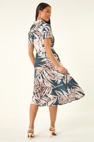 Roman Black Petite Leaf Print Tie Midi Dress